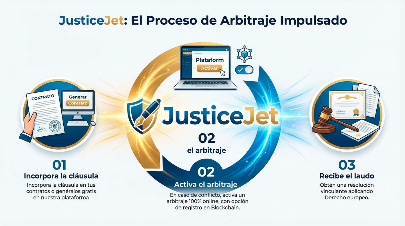 Proceso de Arbitraje - Tres pasos simples para resolver tus conflictos empresariales: Incorpora la cláusula de arbitraje a tus contratos, activa el arbitraje 100% online en caso de conflicto, y recibe el laudo con una resolución vinculante aplicando Derecho europeo